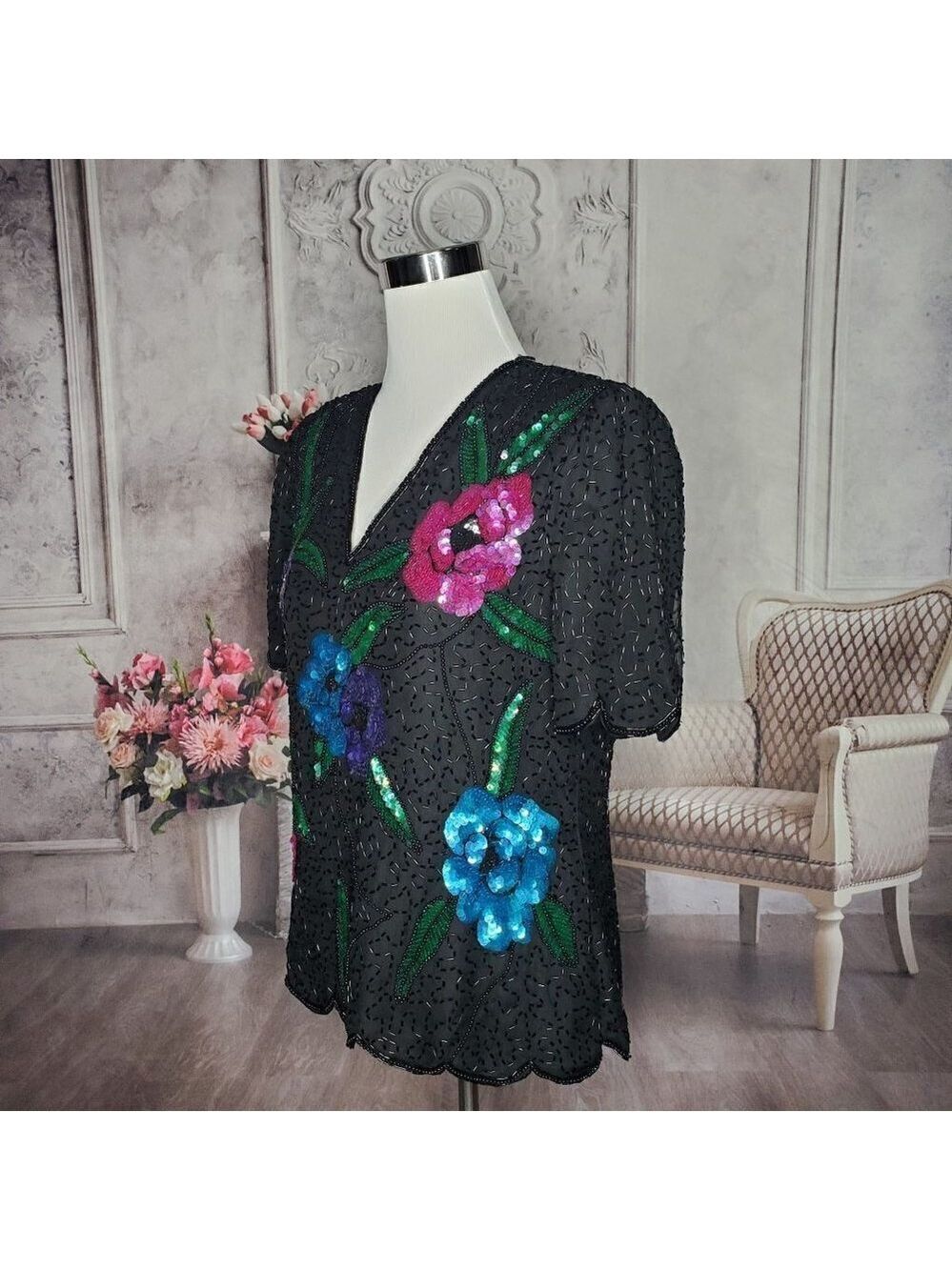 LAWRENCE Kazar 100% Pure Silk Black Lined Sequins Beads Party Blouse Size Medium - Picture 5 of 9